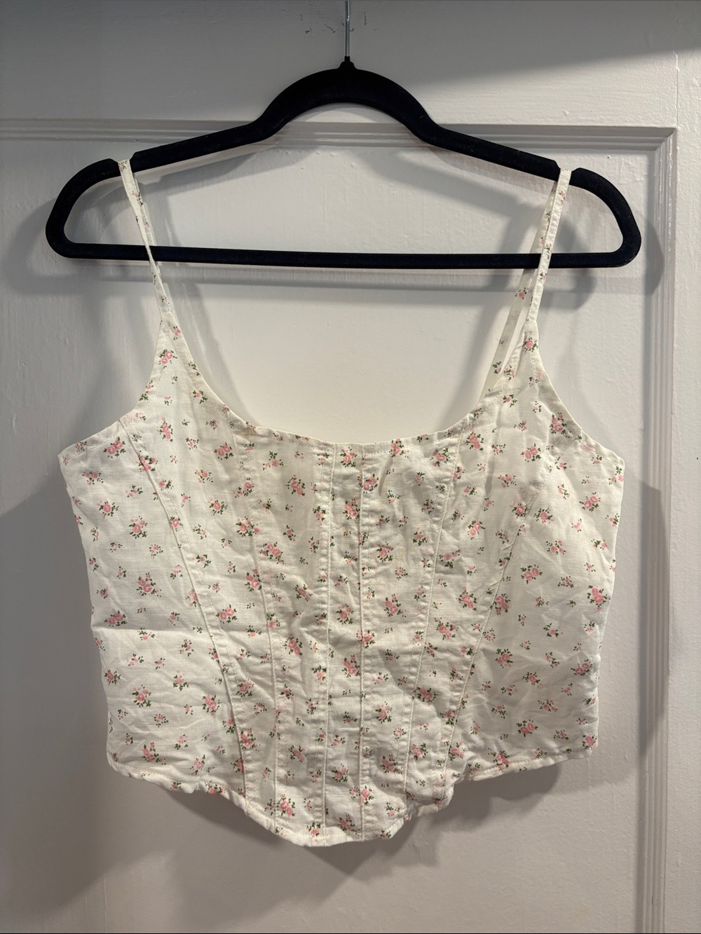 Olivaceous White Corset-Style Floral Cami with Pink Rose Print